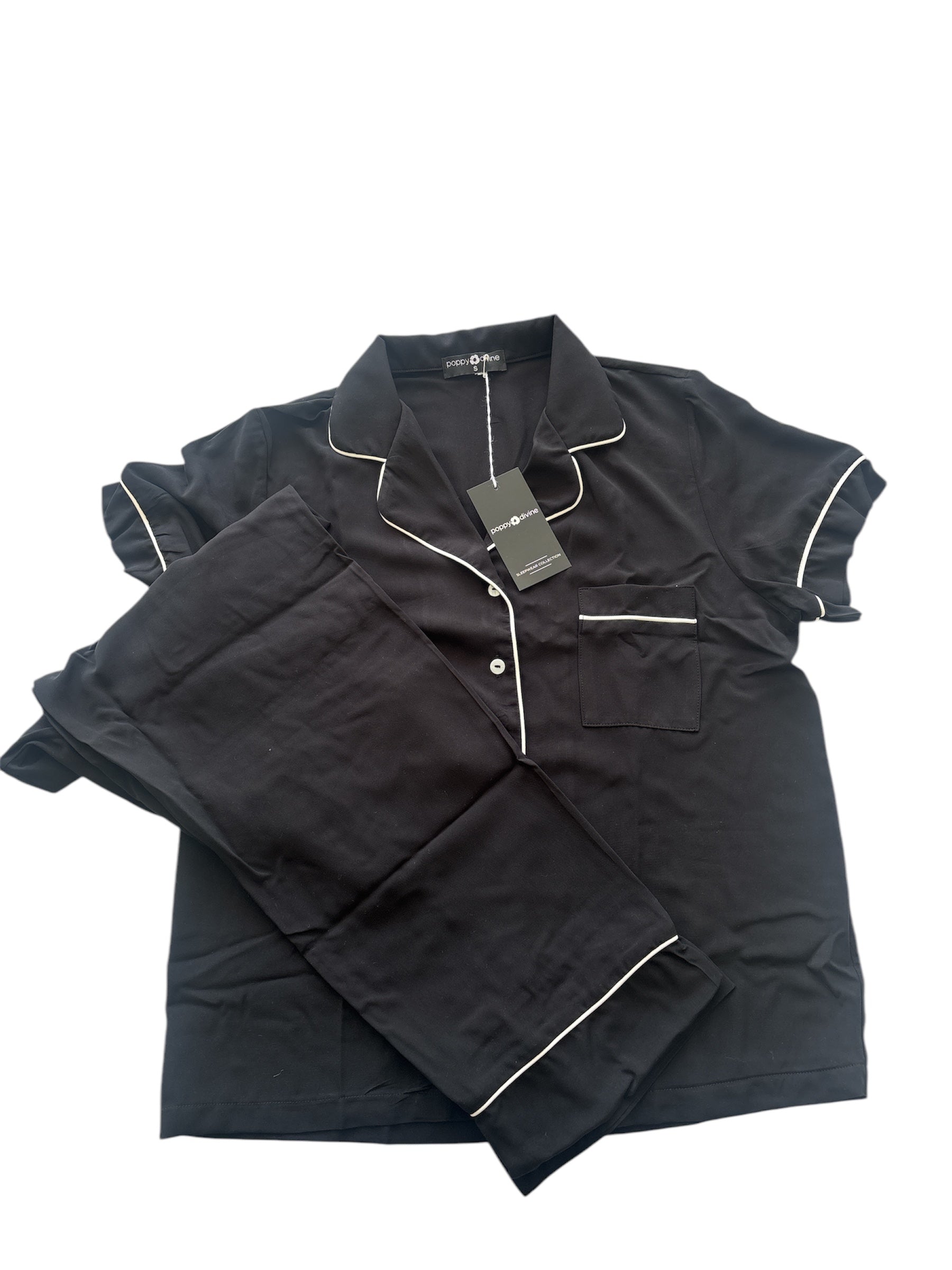 POPPY DIVINE  3/4 PJ SET- BLACK & BLACK WITH IVORY LEAF SHORT SLEEVE