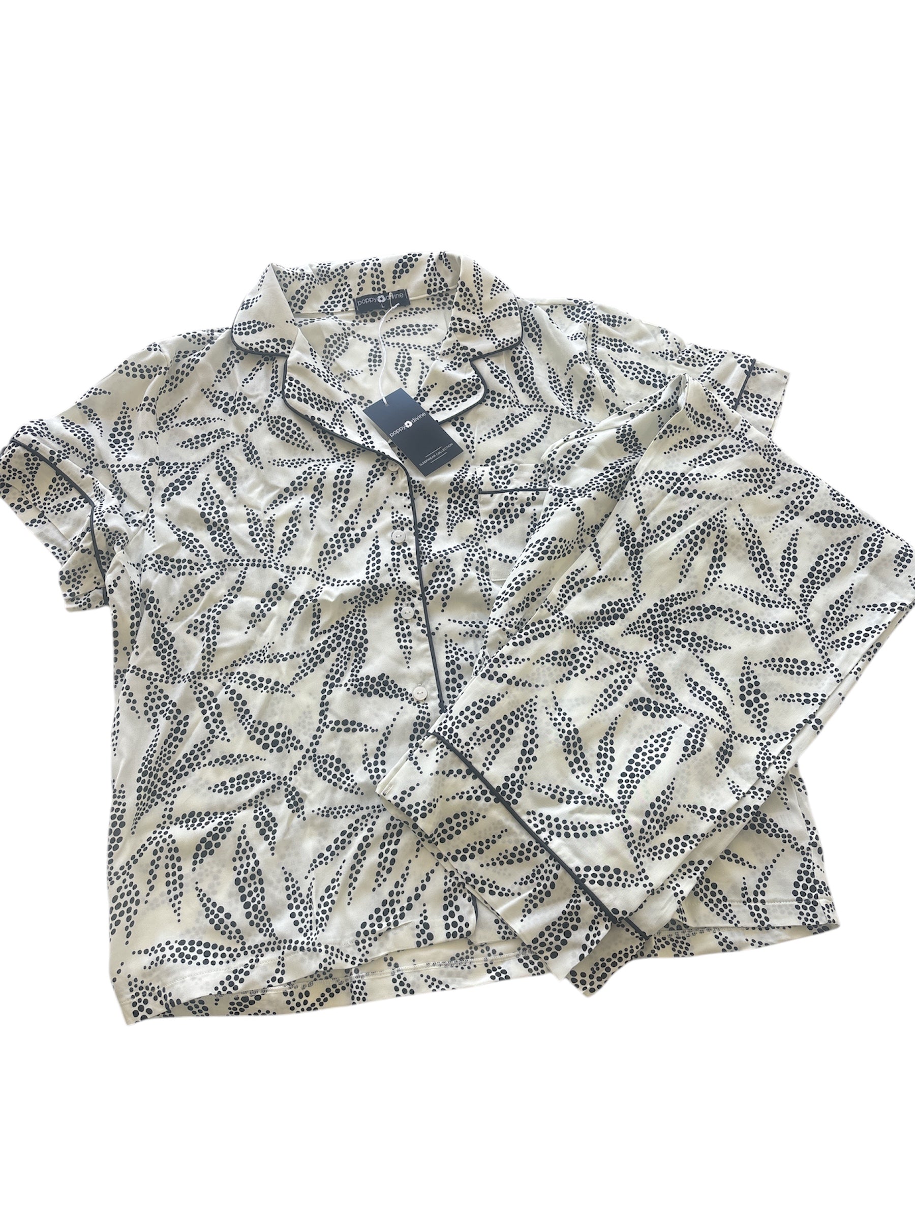 POPPY DIVINE  3/4 PJ SET- BLACK & BLACK WITH IVORY LEAF SHORT SLEEVE