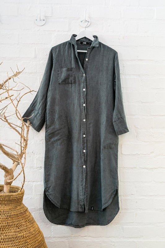 PURE LINEN POCKET SHIRT DRESS LONG