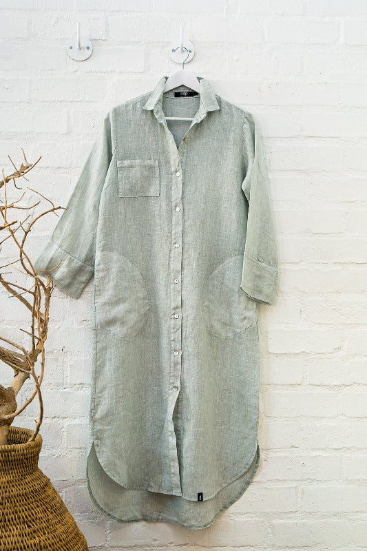 PURE LINEN POCKET SHIRT DRESS LONG