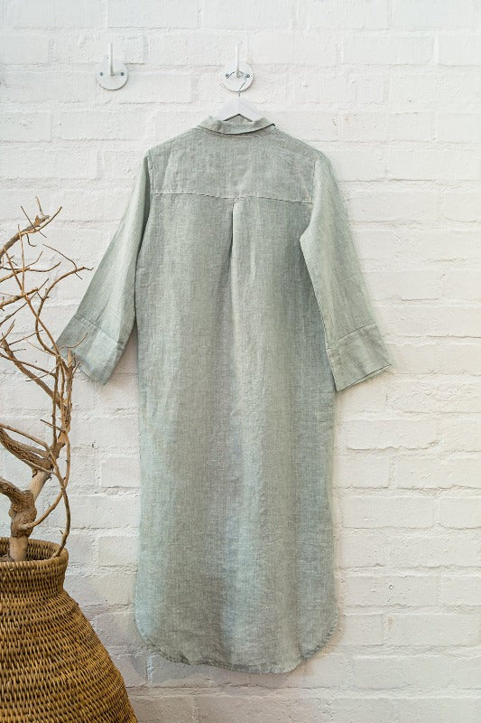 PURE LINEN POCKET SHIRT DRESS LONG