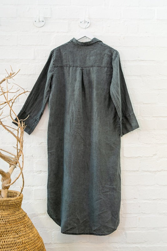 PURE LINEN POCKET SHIRT DRESS LONG