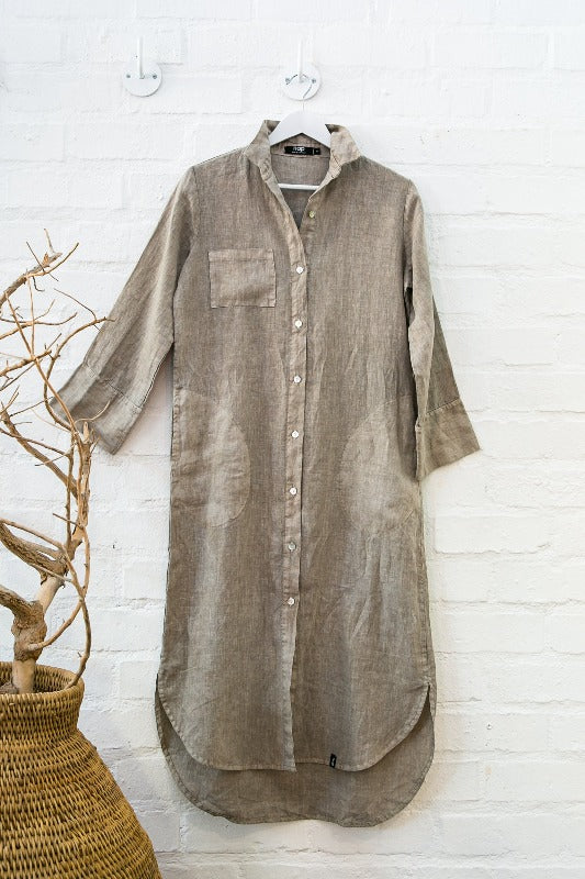 PURE LINEN POCKET SHIRT DRESS LONG