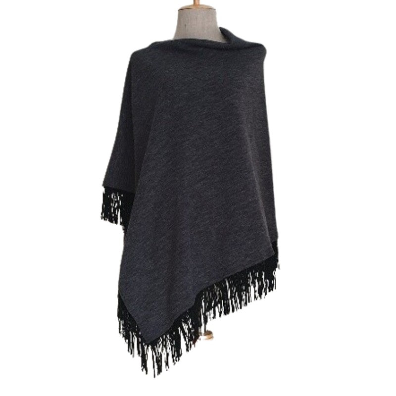 MOHAIR SOFT KNIT PONCHO WITH SUEDE TASSELS