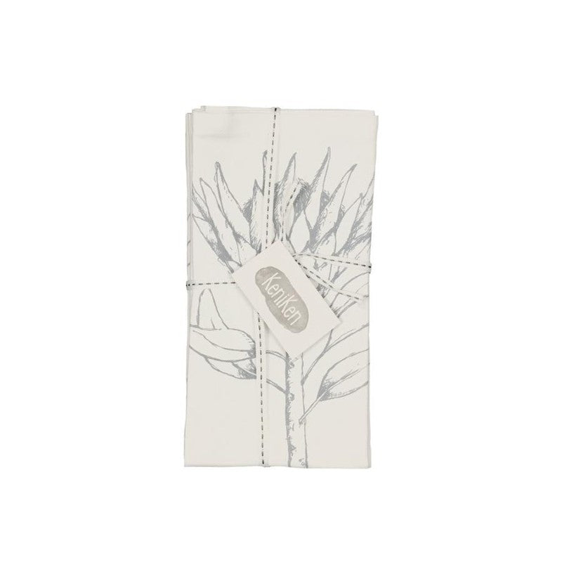 KING PROTEA GREY ON WHITE NAPKIN SET OF FOUR