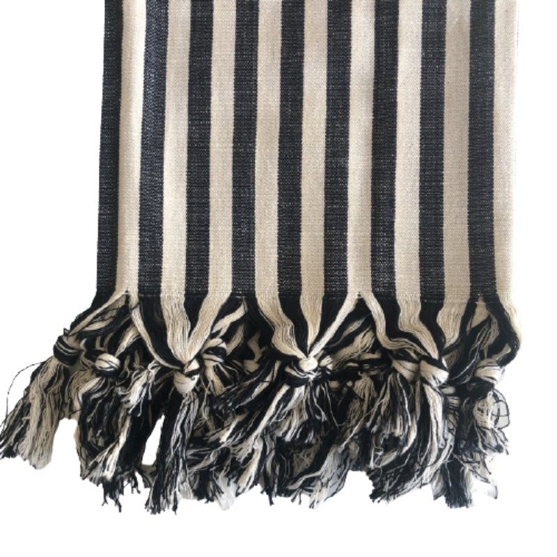 WOVEN COTTON TOWEL, SOLID STRIPE CREAM & BLACK WITH MIXED TASSELS